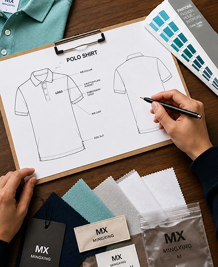 Corporate polo shirt tech pack, Pantone colors, fabric samples and private label packaging