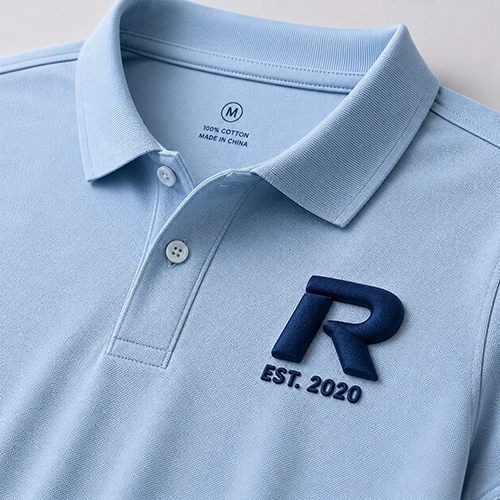 3D puff embroidery detail on a custom polo shirt