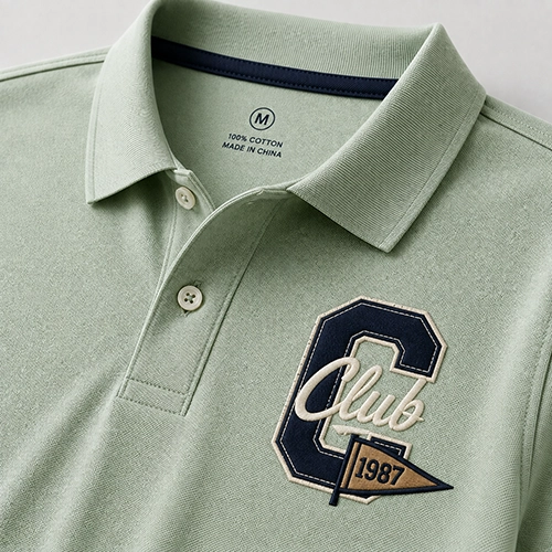 Appliqué embroidery detail for a custom polo shirt