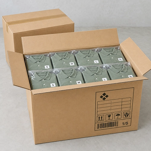 Polo order packed into marked shipping cartons