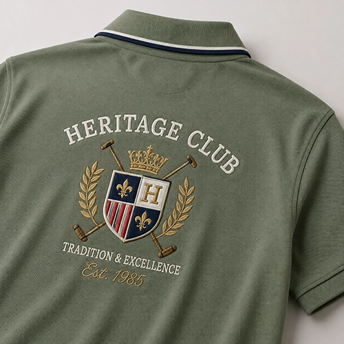 Mixed embroidery techniques on a custom polo shirt