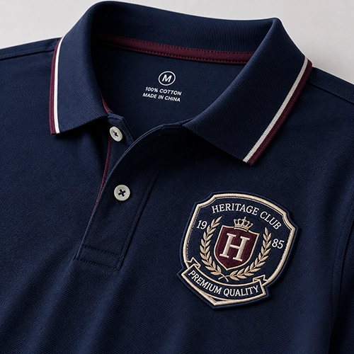 Embroidered patch detail for a custom polo shirt
