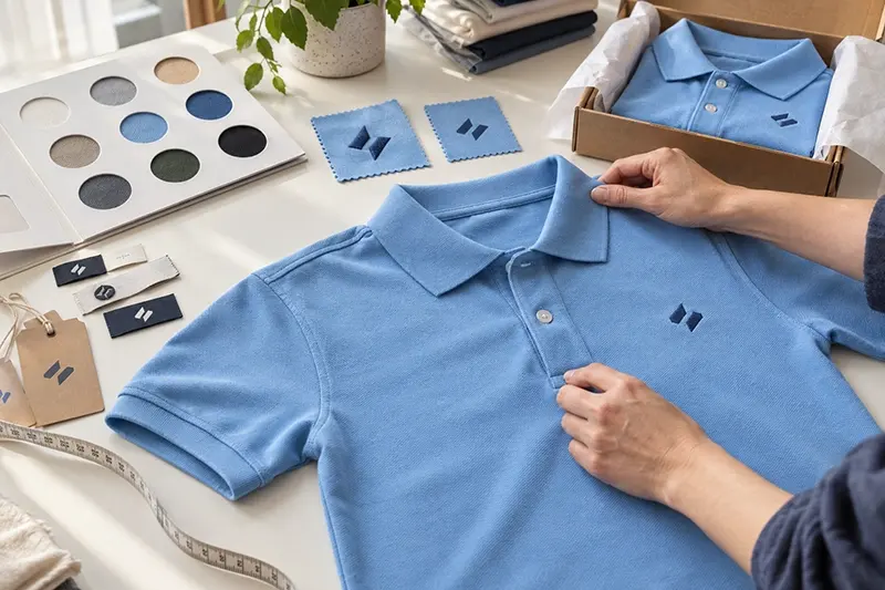 Custom polo shirt with fabric swatches, labels, and packaging